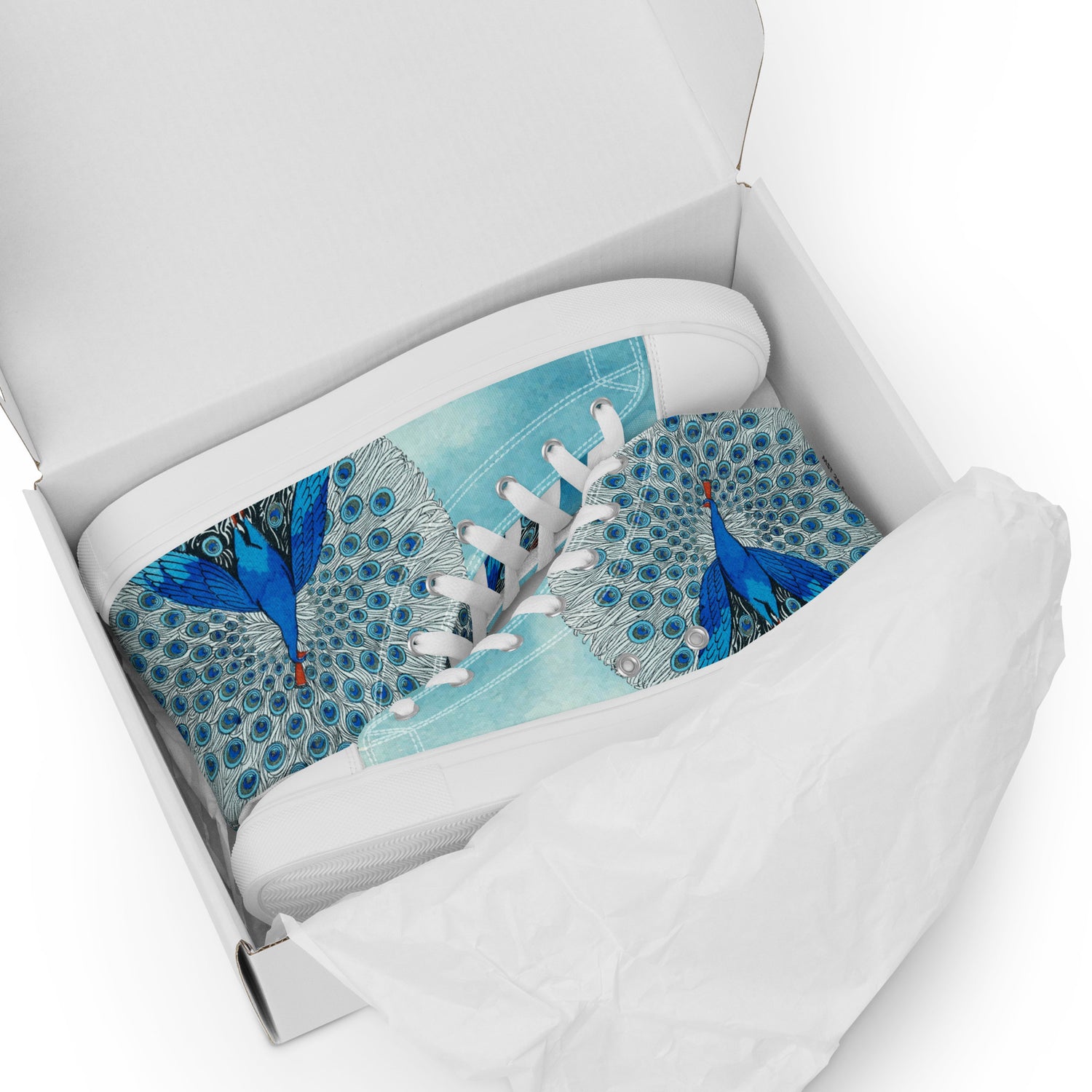 Cloud Blue Shoes with a Blue and White Peacock Print