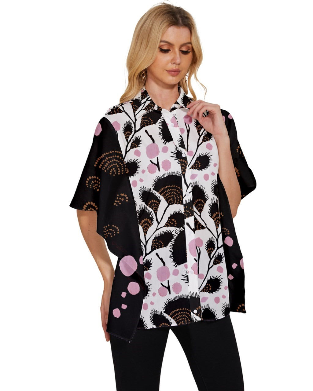 Dark Sleeve Pink and Brown Women's Batwing Button Up Shirt