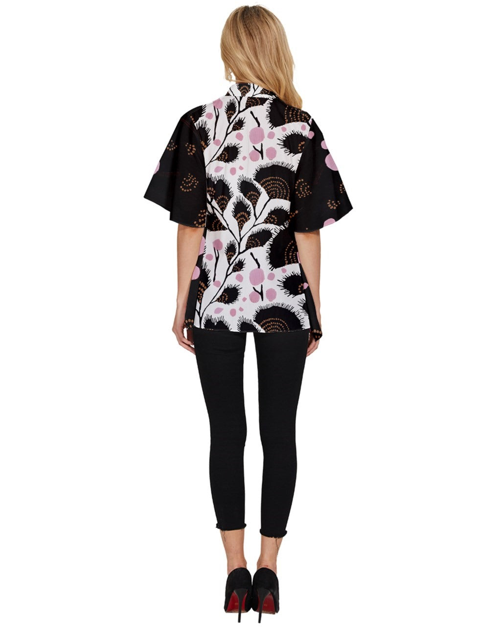 Dark Sleeve Pink and Brown Women's Batwing Button Up Shirt