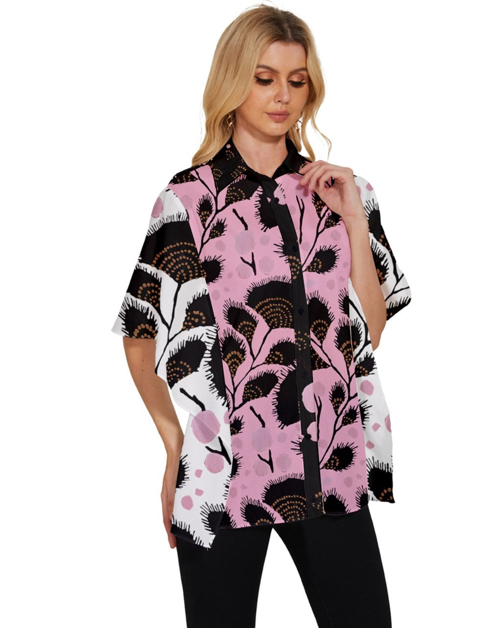 Pink and Brown Women's Batwing Button Up Shirt