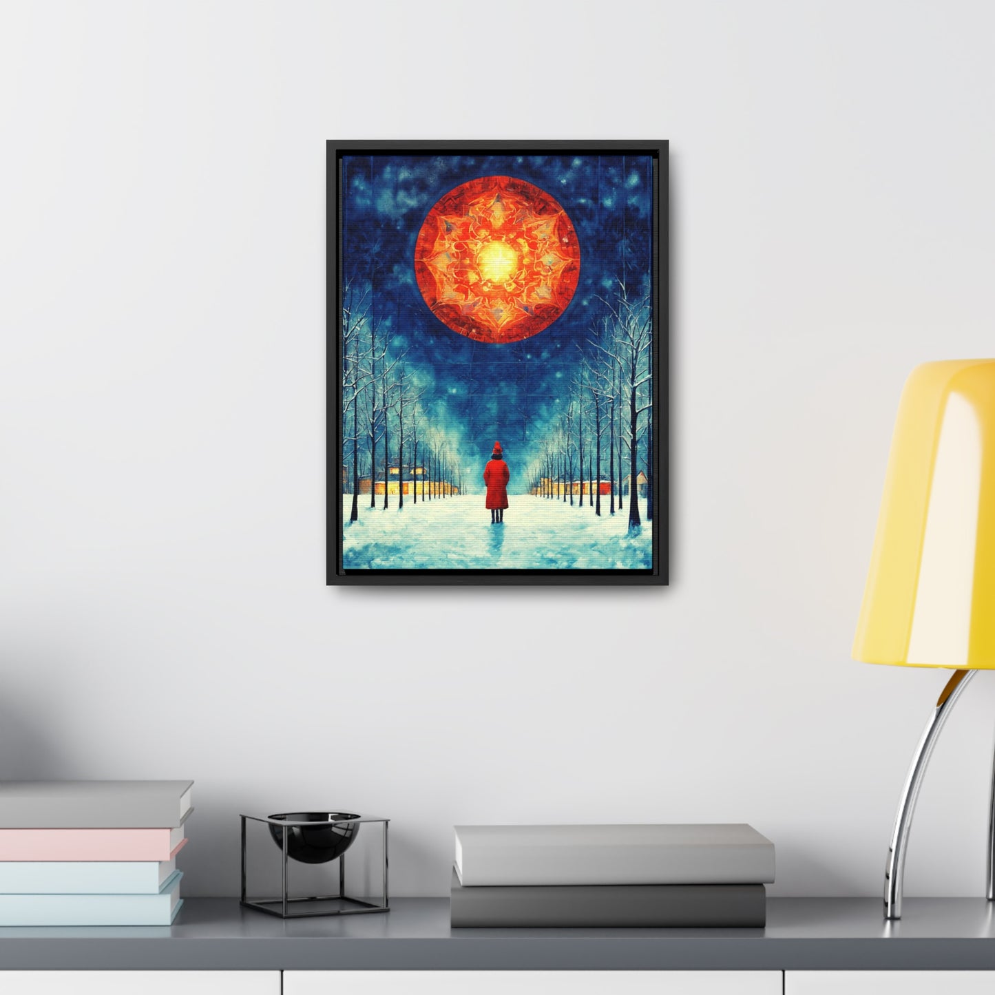 Fire Moon in Winter Forest Night Gallery Canvas Wraps, Vertical Frame