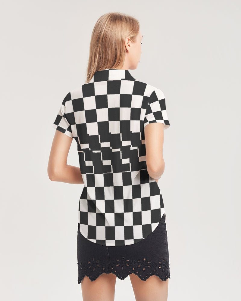 Checkin for Me Women's All-Over Print Short Sleeve Button Up