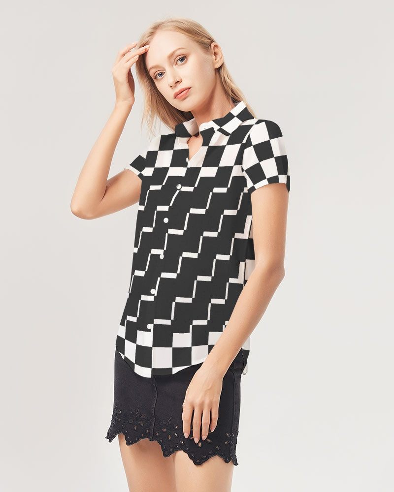 Checkin for Me Women's All-Over Print Short Sleeve Button Up