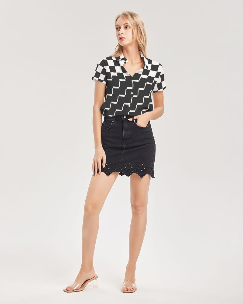 Checkin for Me Women's All-Over Print Short Sleeve Button Up