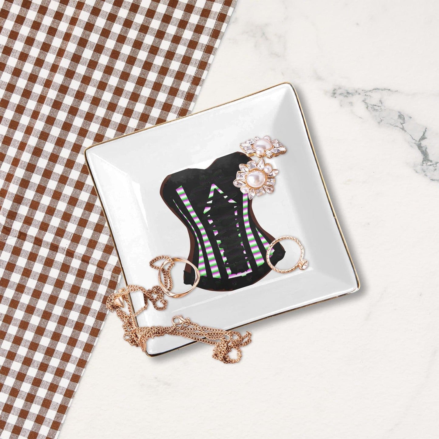 Bustier Tray Square Jewelry Tray with Golden Edge