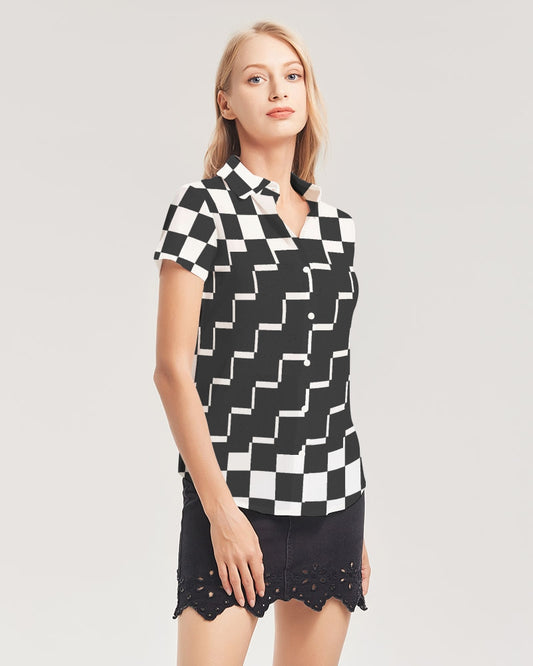 Checkin for Me Women's All-Over Print Short Sleeve Button Up