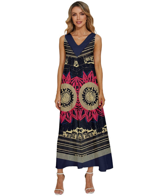 Geo-hectic V-Neck Sleeveless Loose Fit Dress