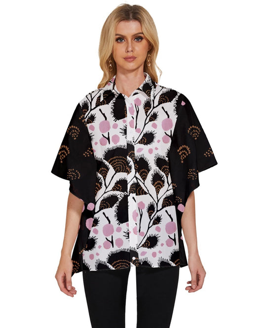 Dark Sleeve Pink and Brown Women's Batwing Button Up Shirt