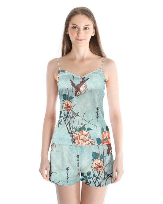 Japanese Birds and Flowers (1833) Vintage Woodblock Prints by Utagawa Hiroshige Satin Pajamas Set