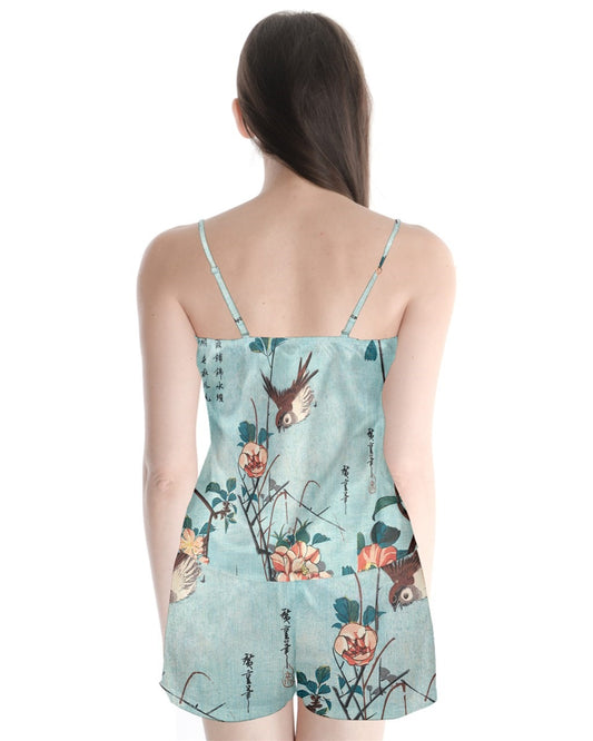 Japanese Birds and Flowers (1833) Vintage Woodblock Prints by Utagawa Hiroshige Satin Pajamas Set