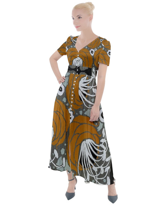 Vintage carrot rose Button Up Short Sleeve Maxi Dress