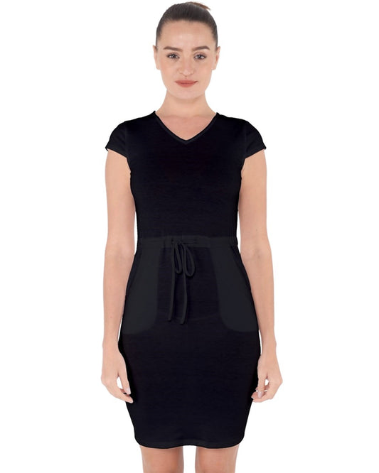 Black Capsleeve Drawstring Dress