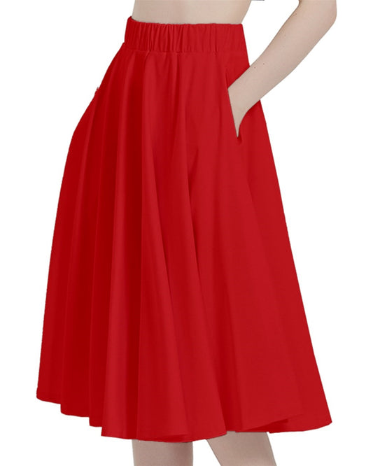 Crimson Waves A-Line Full Circle Midi Skirt With Pocket