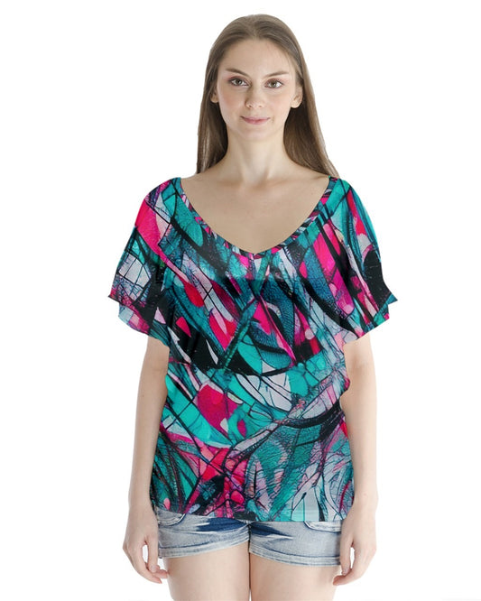 Lattice Gladys V-Neck Flutter Sleeve Top