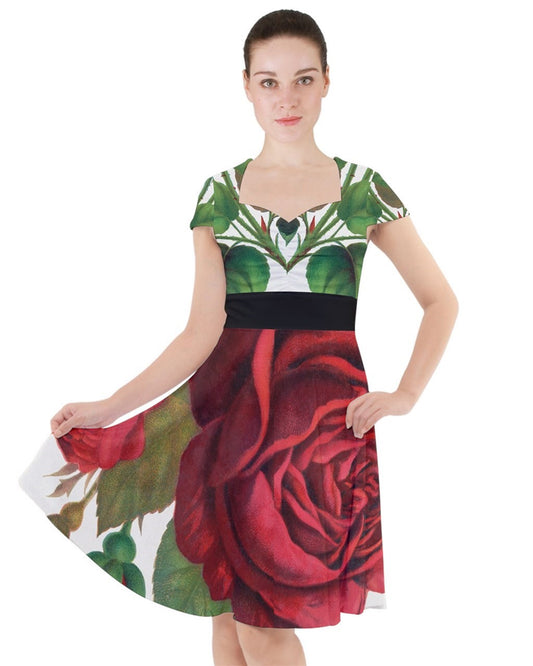 Red rose, Prince Camille De Rohan.  1900 edition plates of Botanical Specimen Cap Sleeve Midi Dress With Pockets