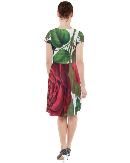 Red rose, Prince Camille De Rohan.  1900 edition plates of Botanical Specimen Cap Sleeve Midi Dress With Pockets