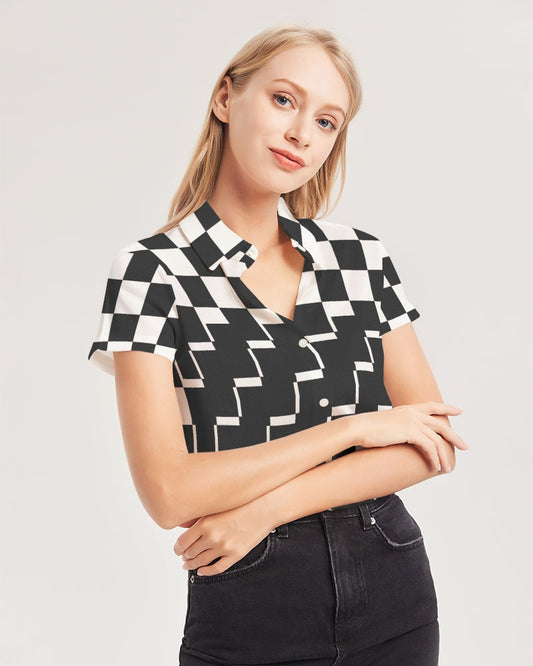 Checkin for Me Women's All-Over Print Short Sleeve Button Up